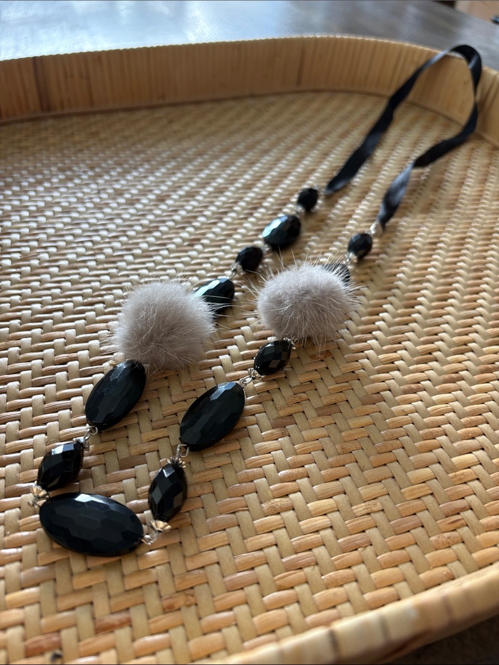 Black Beaded Necklace with Gray Fur Pom Accents